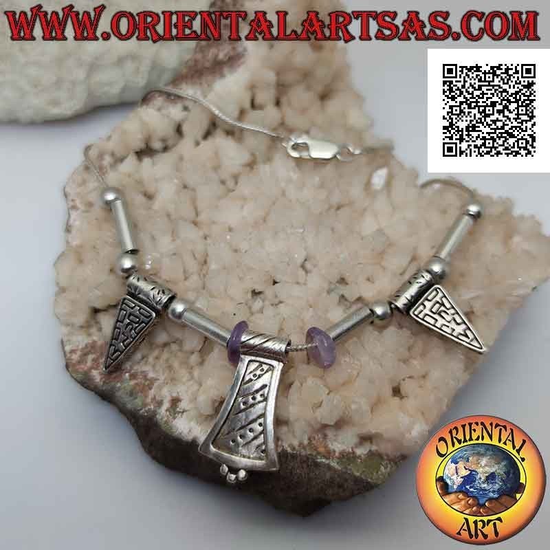 Collar de plata 925 ‰ con esferas, tubos, discos de amatista y placas grabadas ensartadas 40 cm