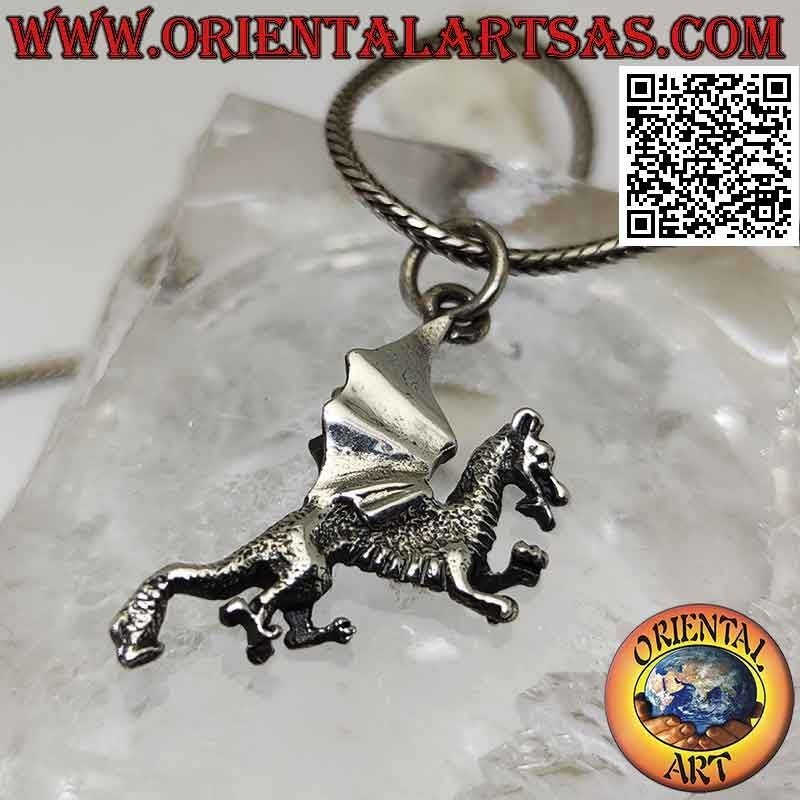 Silver pendant, rampant Celtic dragon with three-dimensional smooth wings