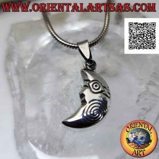 Pendentif en argent, croissant double face avec visage façonné et spirale gravée