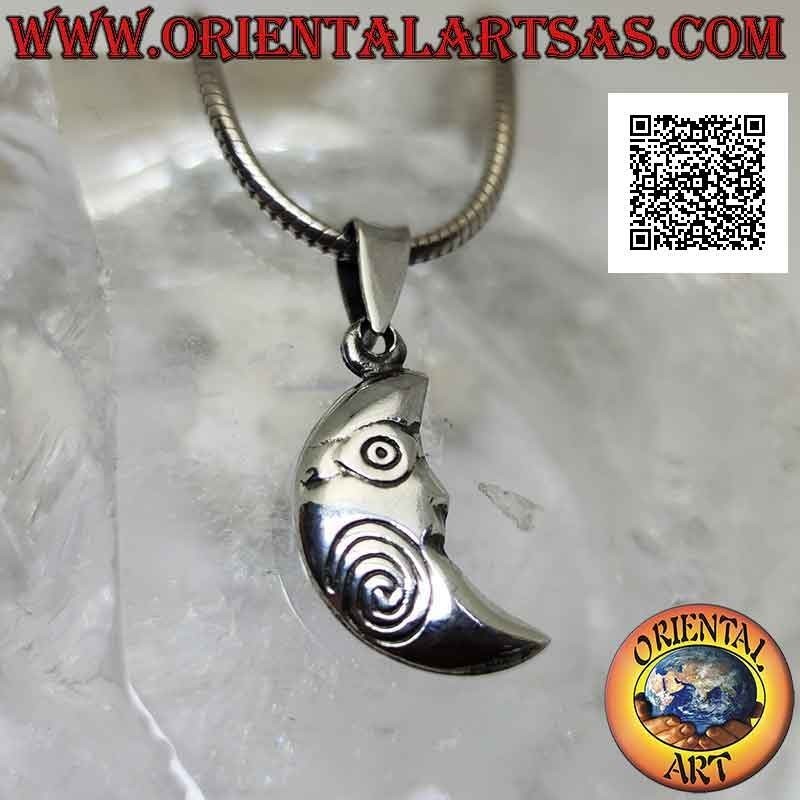 Pendentif en argent, croissant double face avec visage façonné et spirale gravée