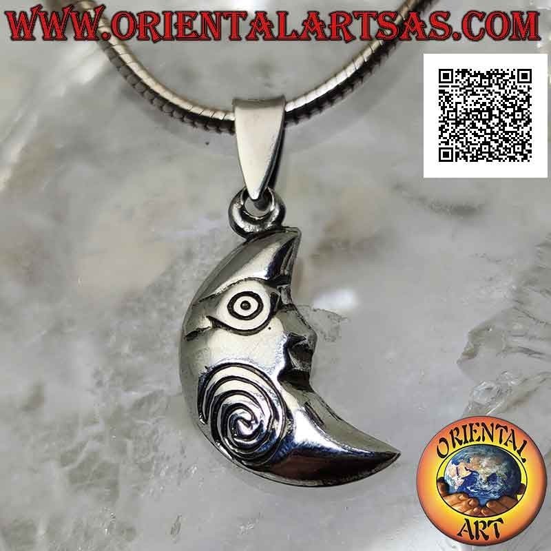 Colgante de plata, media luna de doble cara con cara en forma y espiral grabada