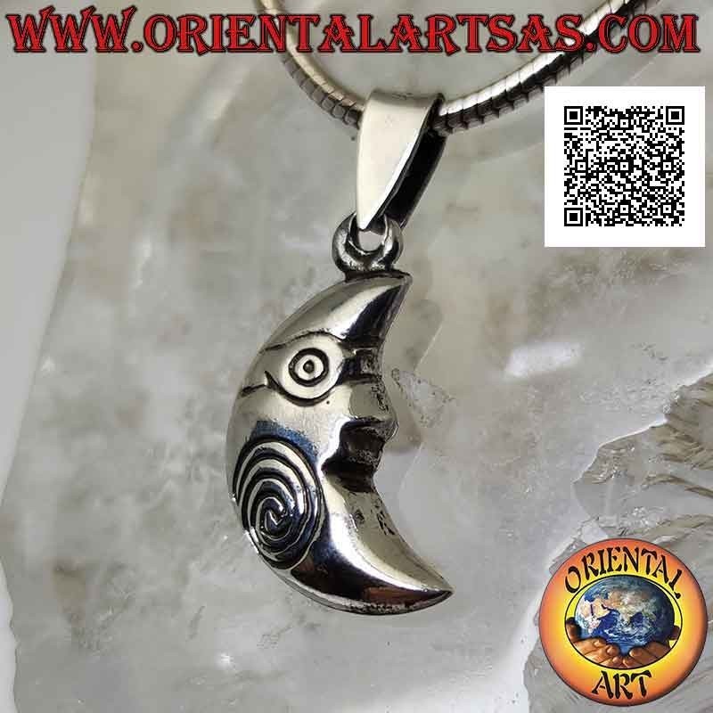 Pendentif en argent, croissant double face avec visage façonné et spirale gravée