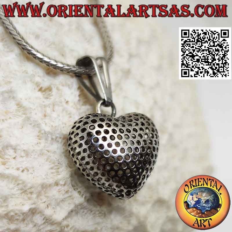 Pendentif en argent, coeur convexe tridimensionnel perforé