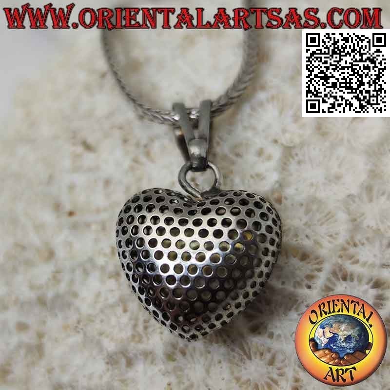 Silver pendant, perforated three-dimensional convex heart
