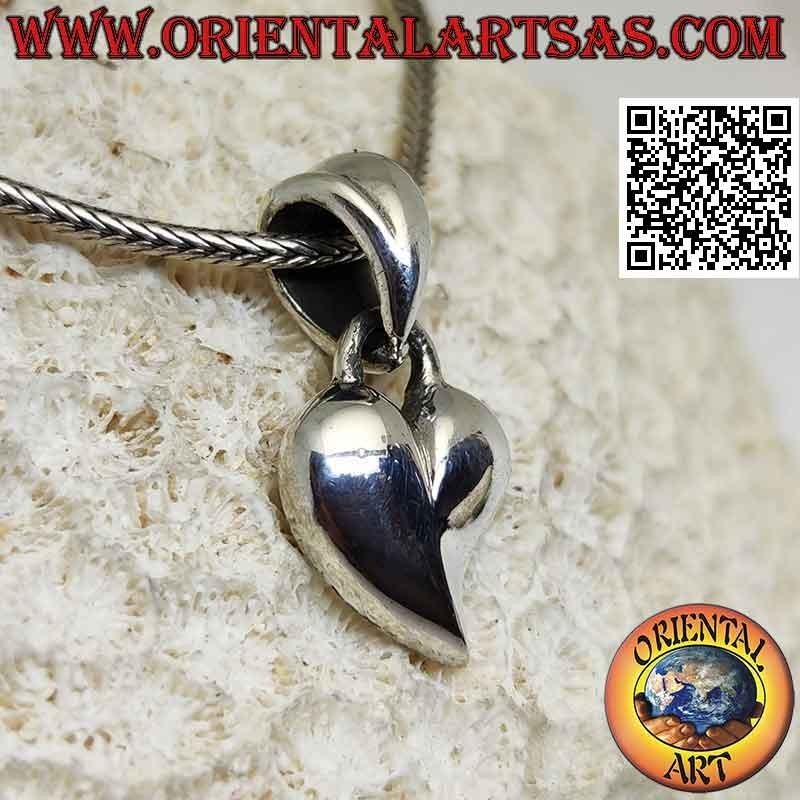 Silver pendant, smooth and rounded heart with elongated tip