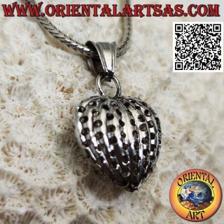 Silver pendant, three-dimensional heart with perforated vertical lines