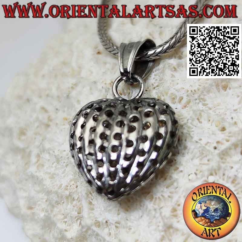 Silver pendant, three-dimensional heart with perforated vertical lines