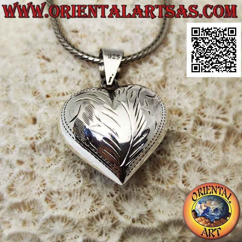 Pendentif en argent, coeur arrondi lisse avec gravures