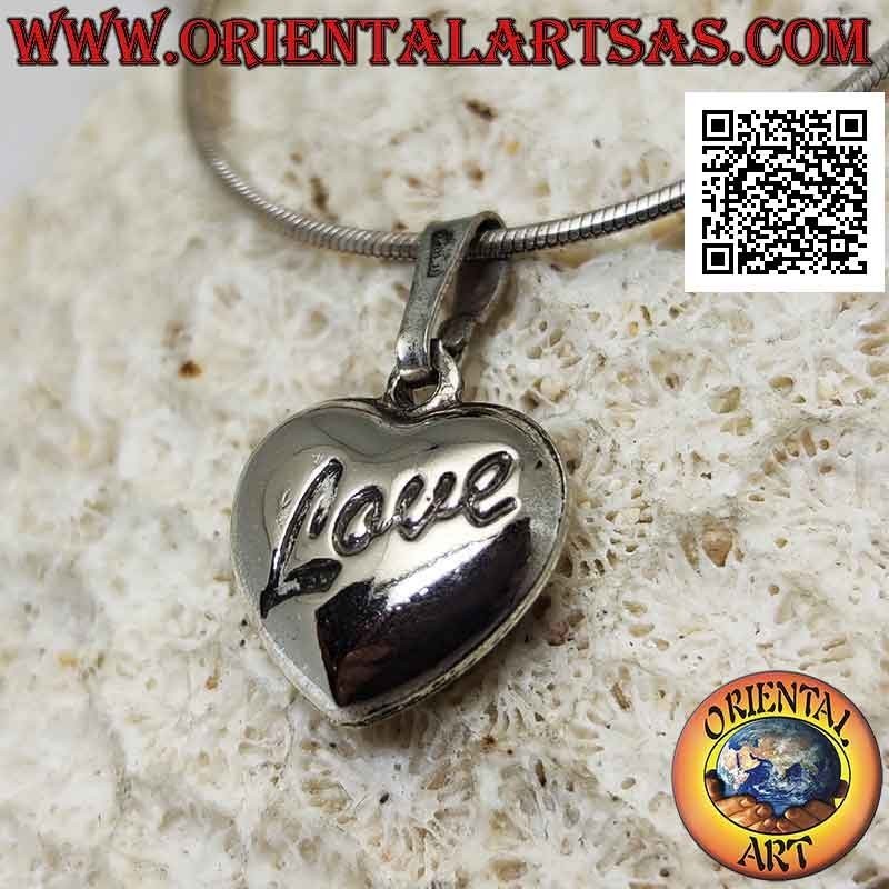 Silver pendant, smooth heart with engraved "love" writing