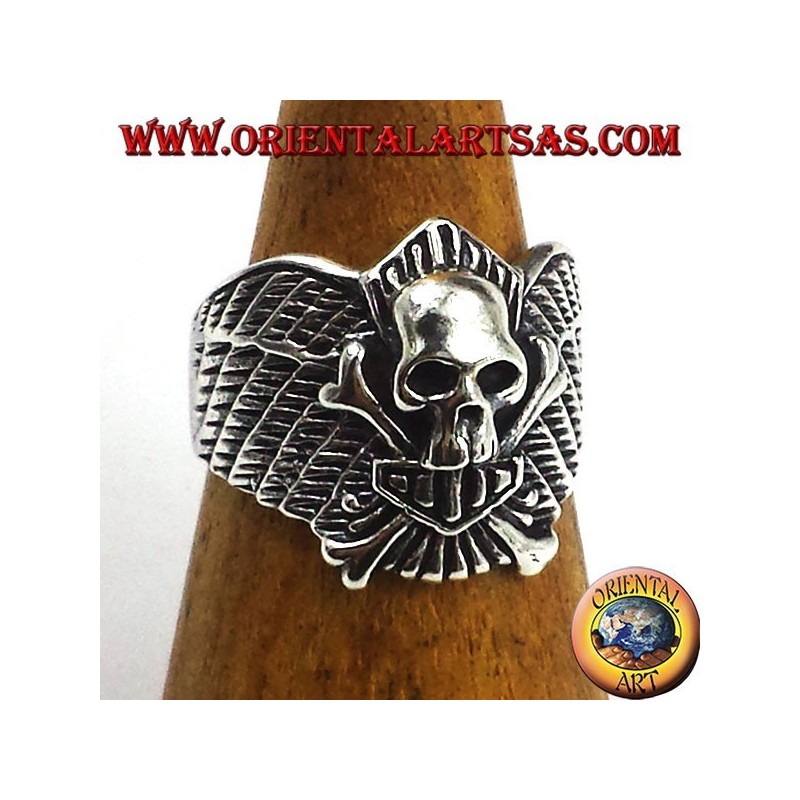 Anello teschio con ossa motociclista in argento