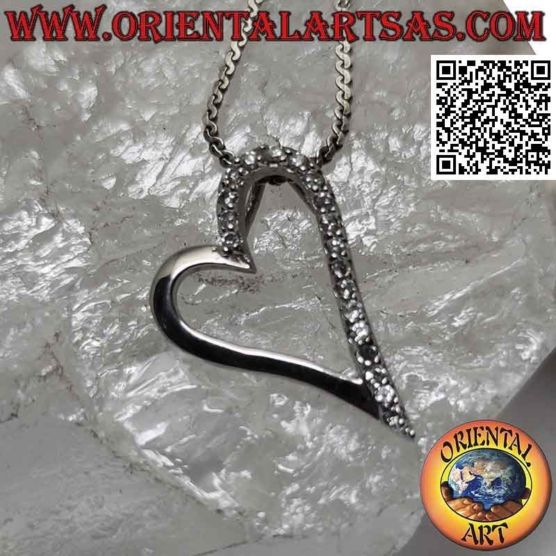 Silver pendant, heart contour half studded with zircons