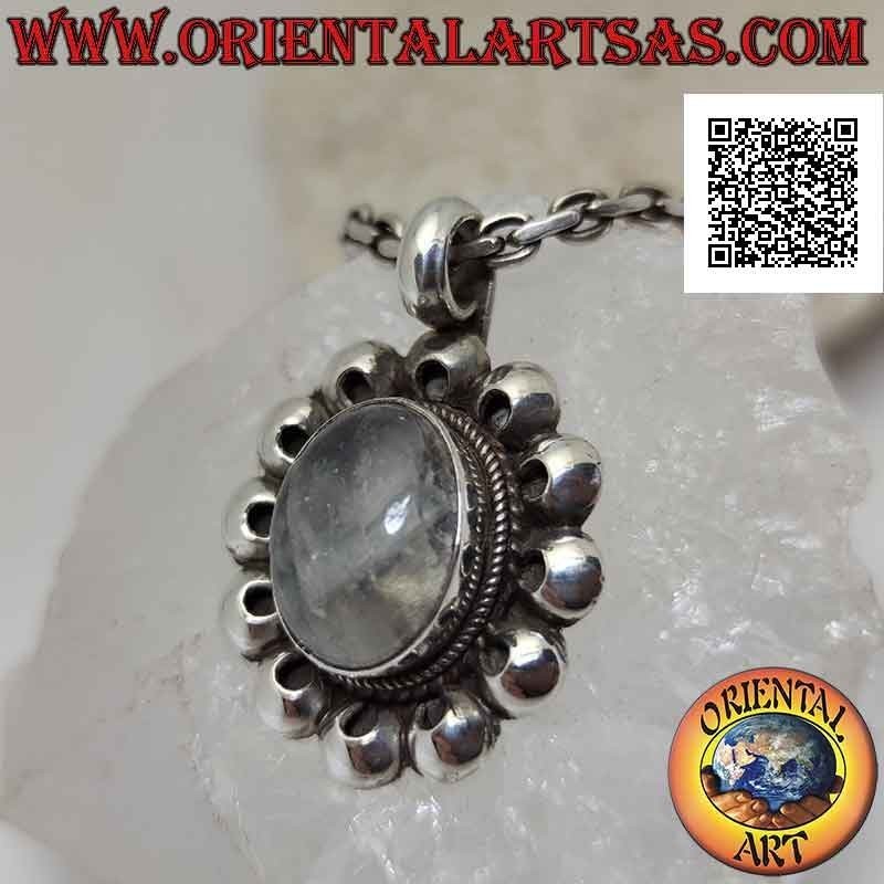 Silver pendant with oval labradorite surrounded by perforated discs