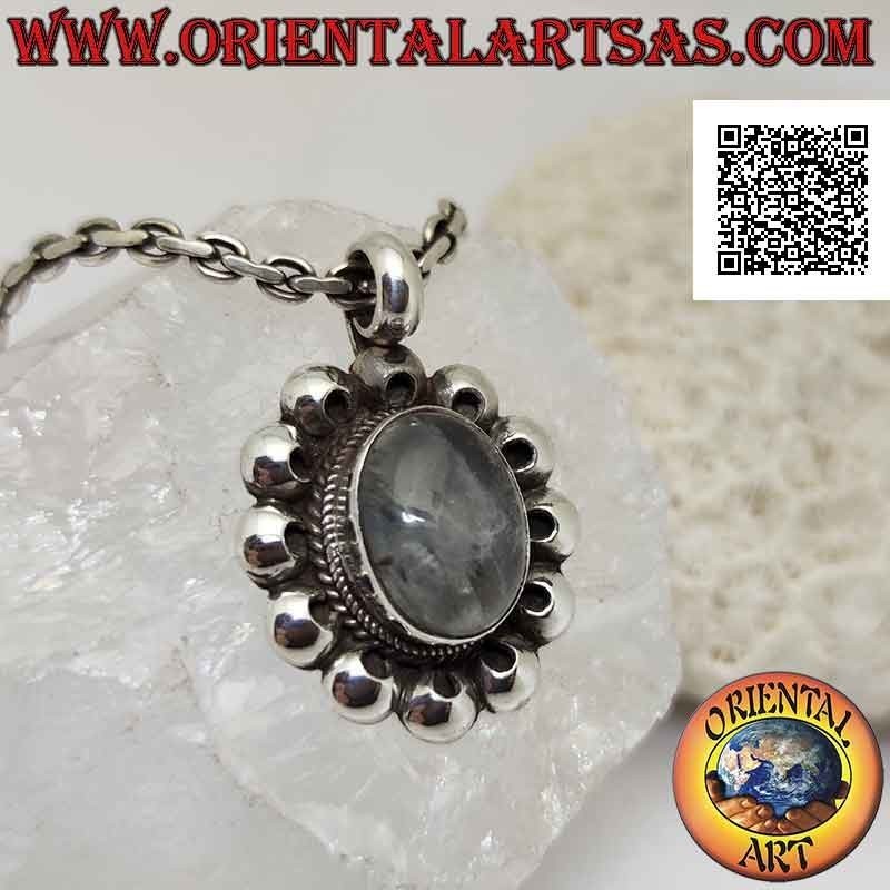 Silver pendant with oval labradorite surrounded by perforated discs