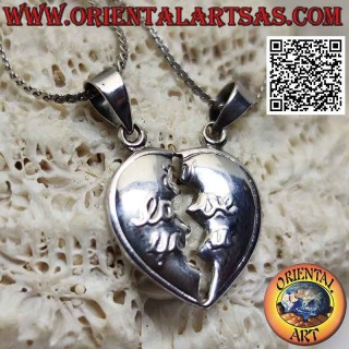 Pendentif double en argent, coeur brisé avec "Je t'aime" en relief