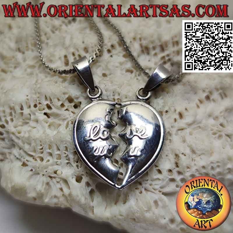 Double silver pendant, broken heart with "I love you" in relief