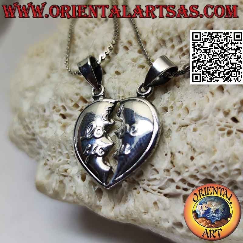 Ciondolo in argento doppio, cuore spezzato con "I love you" in rilievo