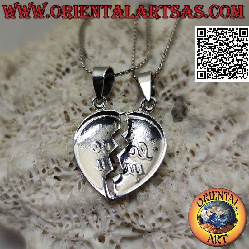 Colgante doble de plata, corazón roto con "Te amo" en relieve