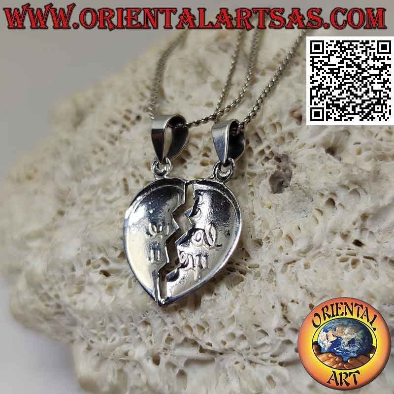 Ciondolo in argento doppio, cuore spezzato con "I love you" in rilievo