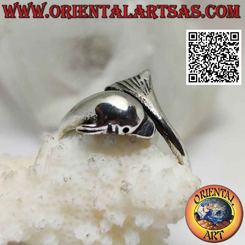 Bague en argent, dauphin chassant sa queue (Ouroboros) réglable