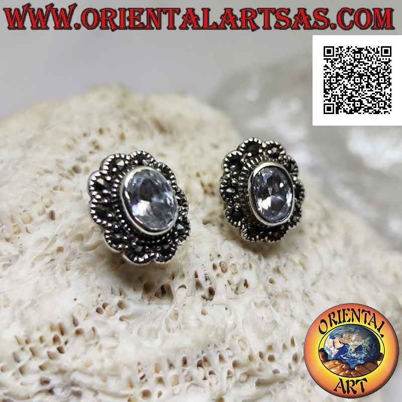 Silver lobe earrings with oval zircon in a marcasite cloud frame