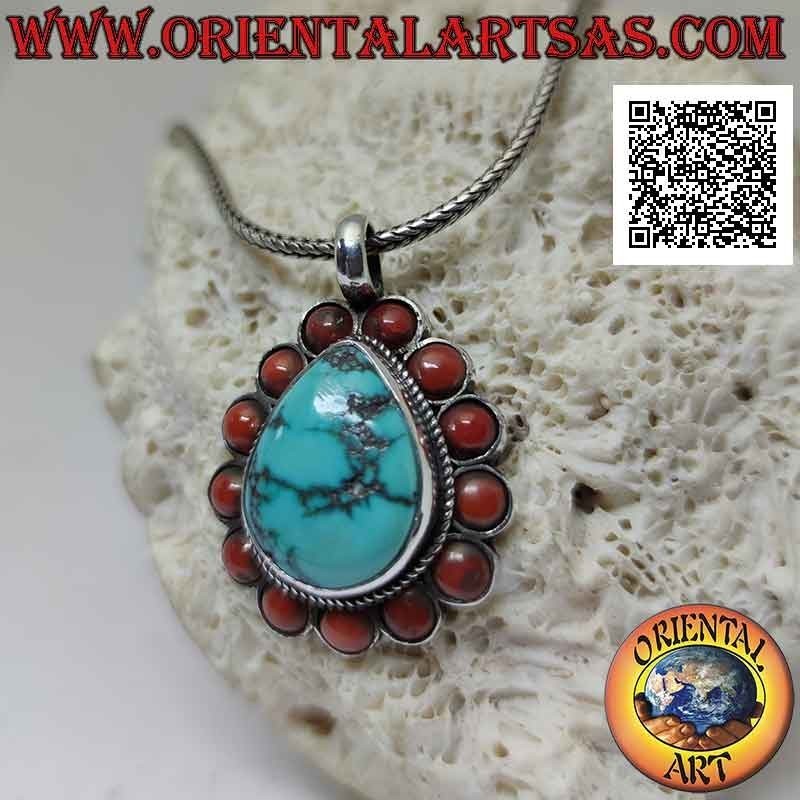 Colgante de plata con turquesa tibetana natural en forma de gota rodeada de tejidos y corales antiguos redondos (b)