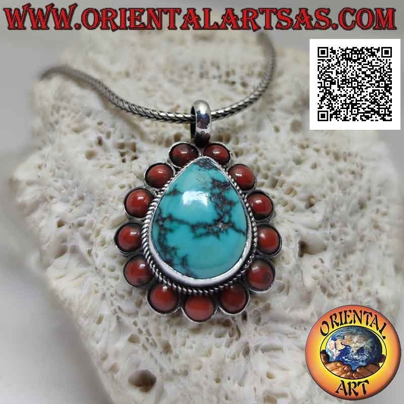 Pendentif en argent avec turquoise tibétaine naturelle en forme de goutte entourée de tissage et de coraux anciens ronds (b)