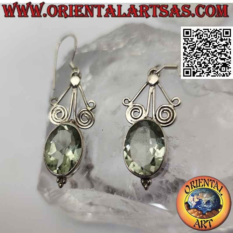 Boucles d'oreilles en argent avec aigue-marine verte ovale facettée sous fils spiralés