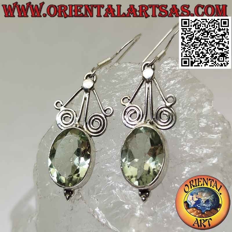 Silver earrings with faceted oval green aquamarine under spiral threads