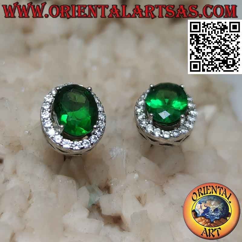 Silver earrings with oval synthetic emerald set surrounded by zircons