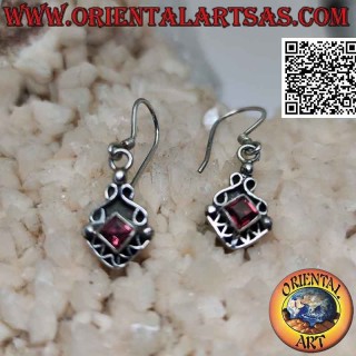 Silver earrings with natural square garnet between infinities and broken line