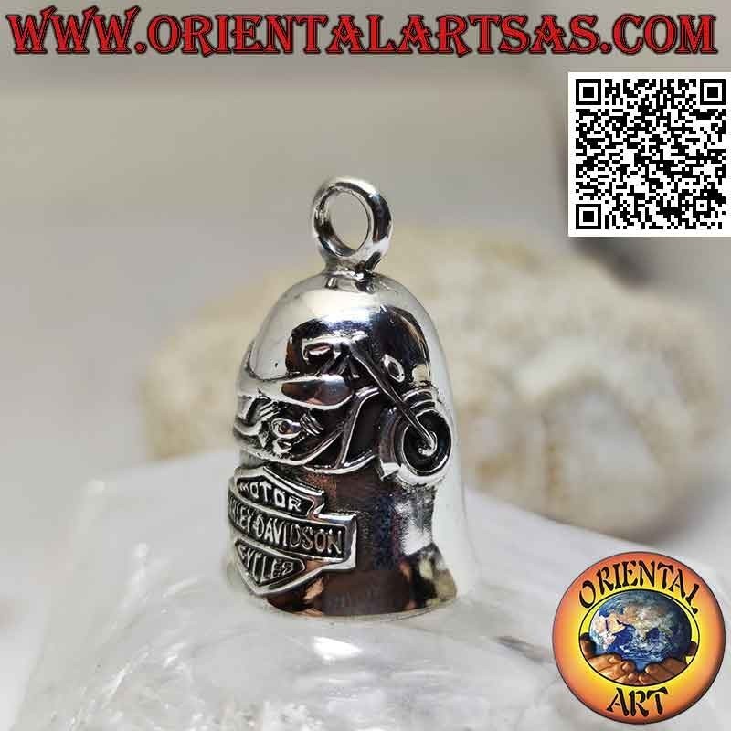 Silver bell pendant with motorcycle and Harley Davidson emblem