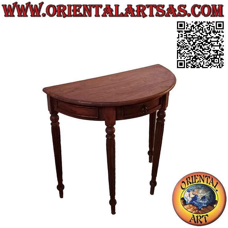 Half-moon console table with striped round feet in teak wood