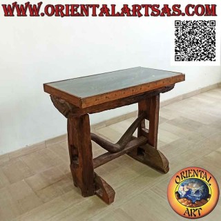 Tavolo con ripiano in vetro nel tronco in legno di teak antico riciclato da mezzi agricoli (85h x 100x55)