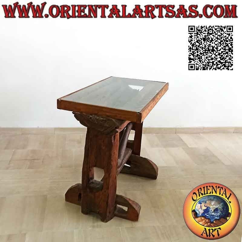 Tavolo con ripiano in vetro nel tronco in legno di teak antico riciclato da mezzi agricoli (85h x 100x55)