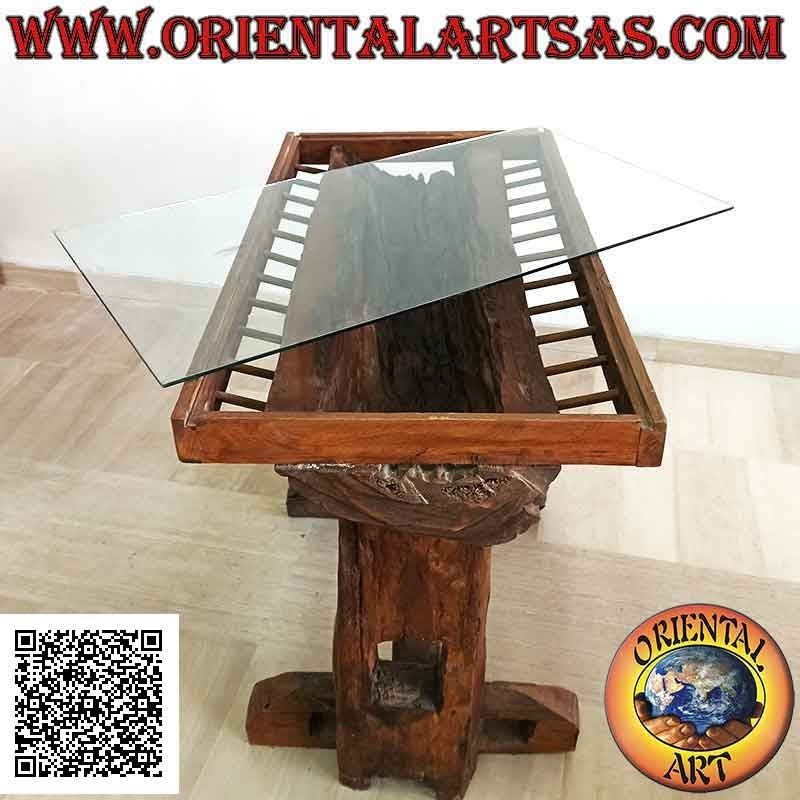 Table with glass top in the trunk in antique teak wood recycled from agricultural vehicles (85h x 100x55)