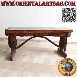 Tavolo con ripiano in vetro nel tronco in legno di teak antico riciclato da mezzi agricoli (90h x 180x65)