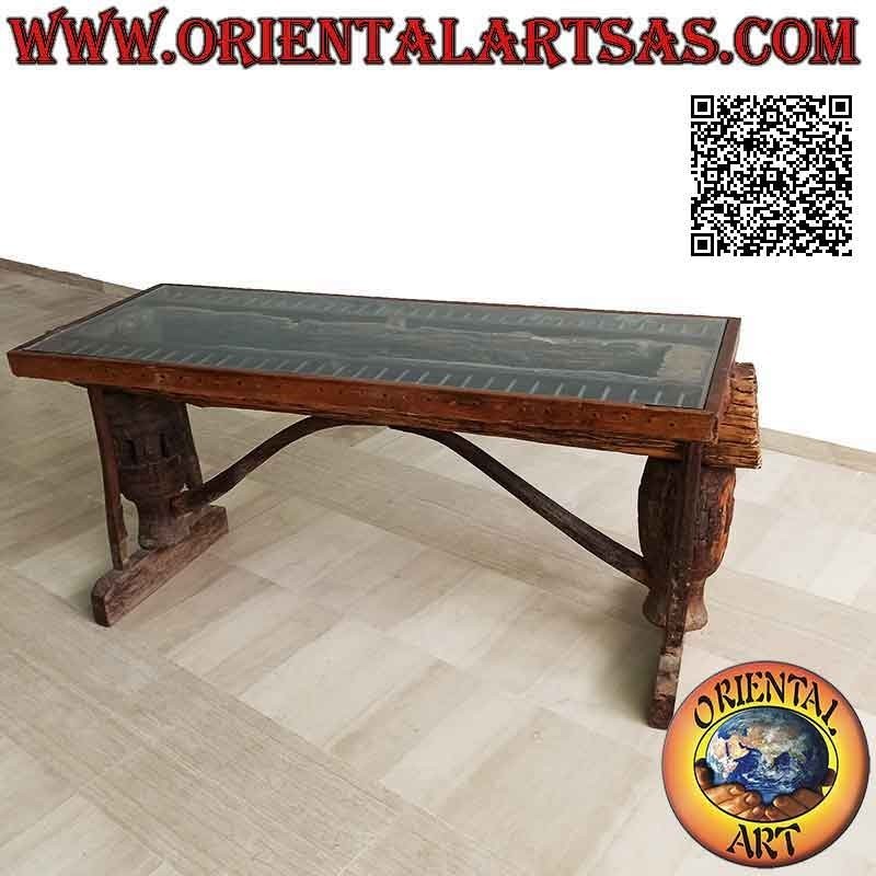Table avec plateau en verre dans le coffre en bois de teck ancien recyclé de véhicules agricoles (90h x 180x65)