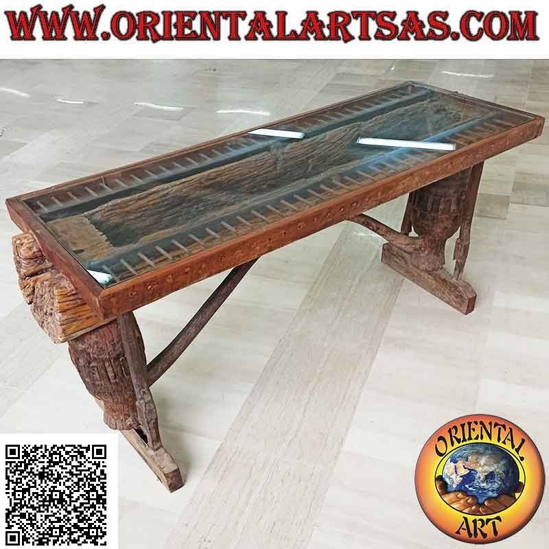 Mesa con tapa de cristal en el maletero en madera de teca antigua reciclada de vehículos agrícolas (90 x 180 x 65)
