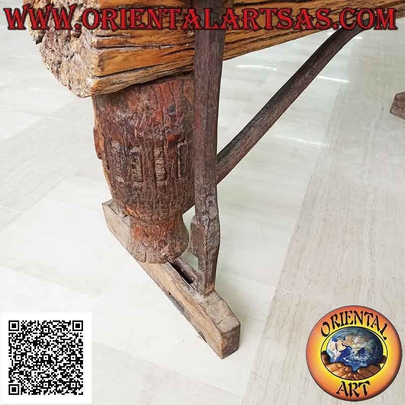 Table with glass top in the trunk in antique teak wood recycled from agricultural vehicles (90h x 180x65)