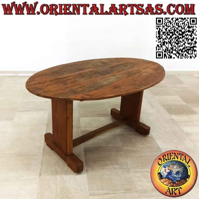 Round table with two joined feet in antique teak wood (95 x 150 cm)