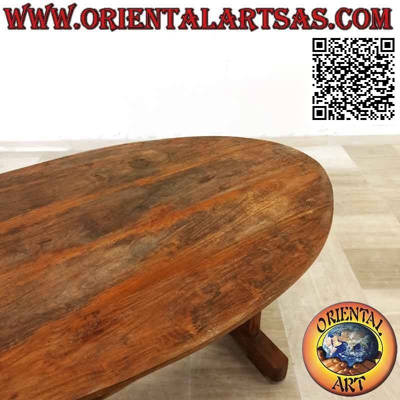 Round table with two joined feet in antique teak wood (95 x 150 cm)