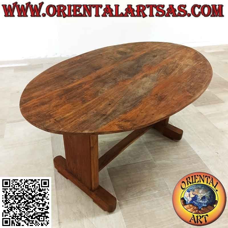 Table ronde à deux pieds joints en bois de teck antique (95 x 150 cm)