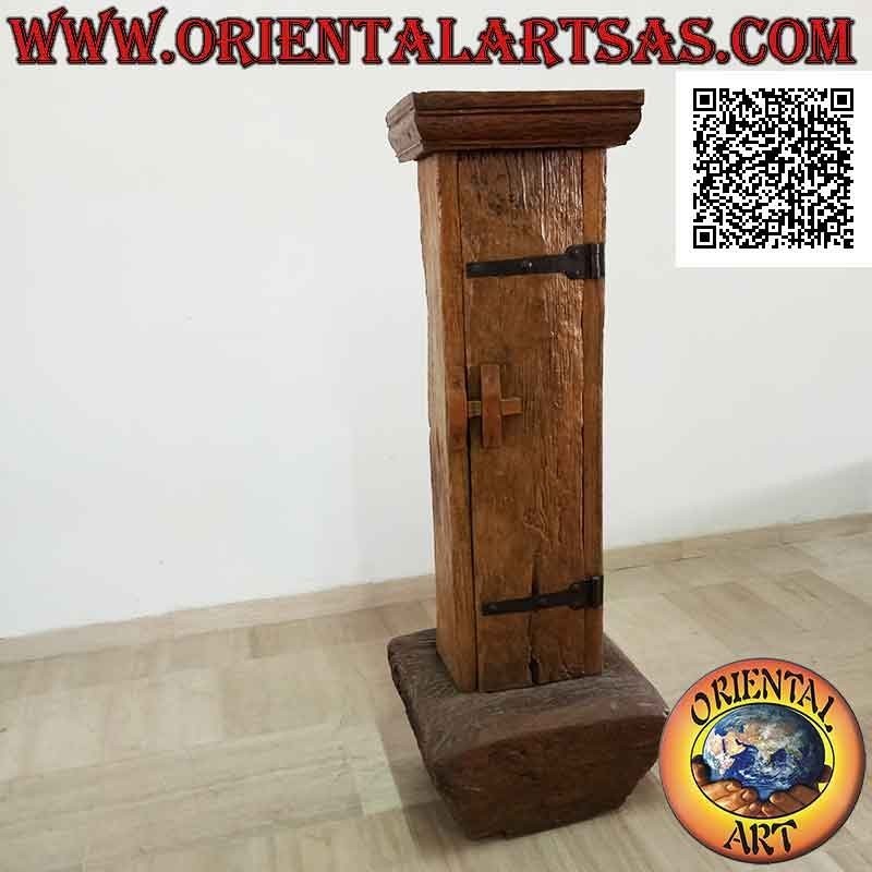 Primitive cabinet with secret compartment in antique teak wood recycled from a mortar and a canoe