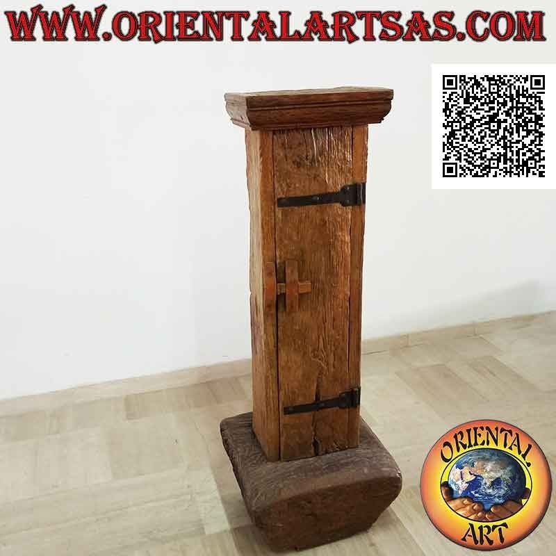 Primitive cabinet with secret compartment in antique teak wood recycled from a mortar and a canoe