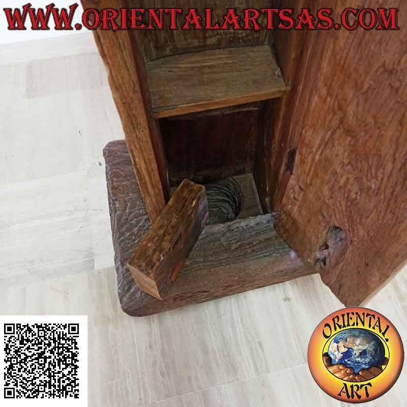 Primitive cabinet with secret compartment in antique teak wood recycled from a mortar and a canoe