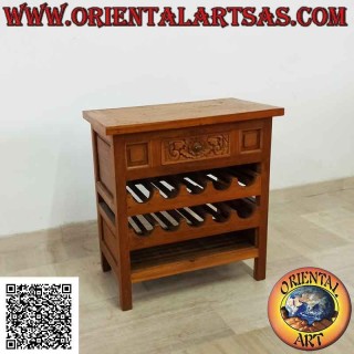 Mobiletto con doppio scomparto portabottiglie e cassetto (decorazione floreale intagliata) in legno di teak