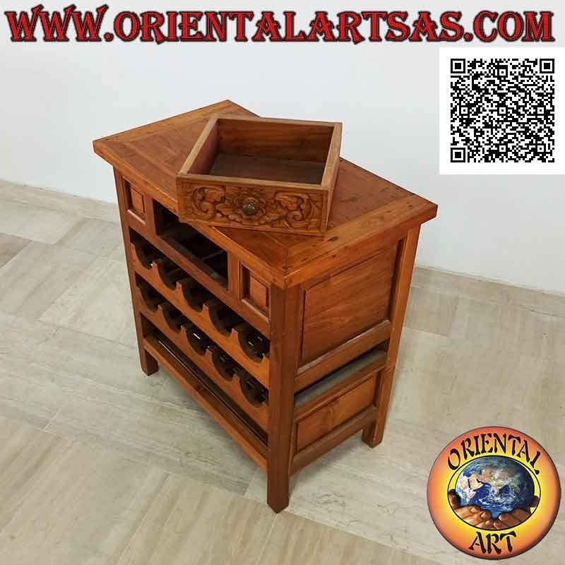 Armoire avec tiroir porte-bouteilles à double compartiment à décor floral sculpté en bois de teck