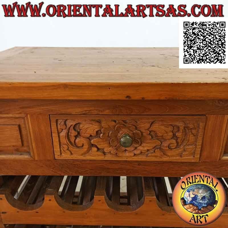 Cabinet with double compartment bottle holder drawer with floral decoration carved in teak wood