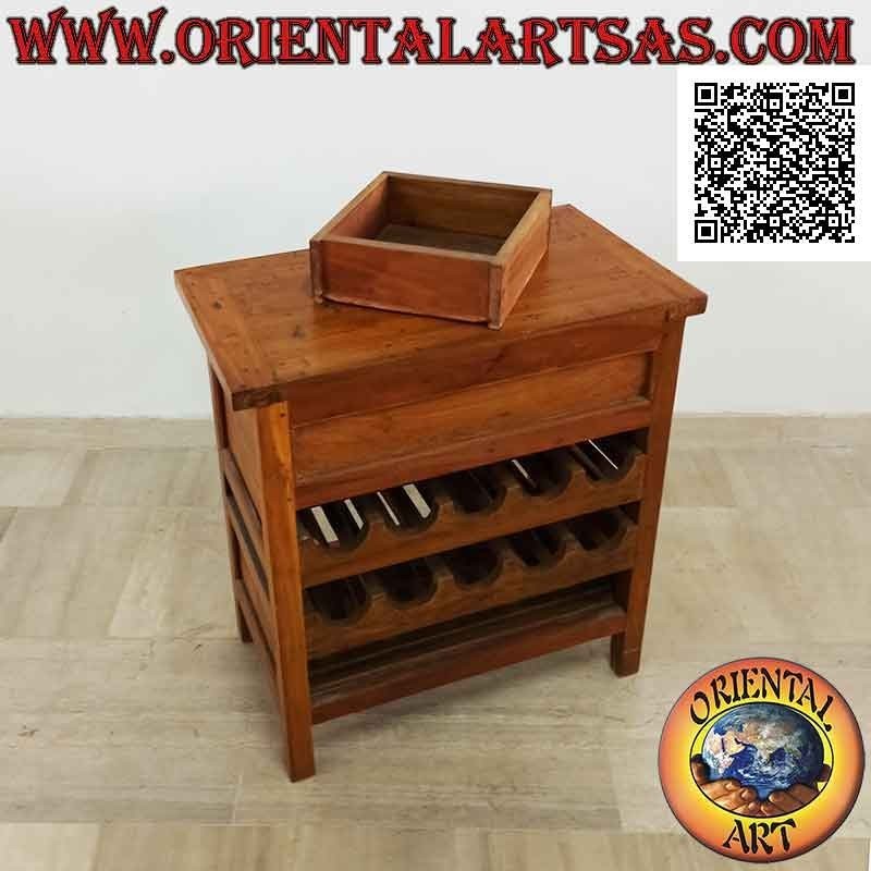 Cabinet with double compartment bottle holder drawer with floral decoration carved in teak wood