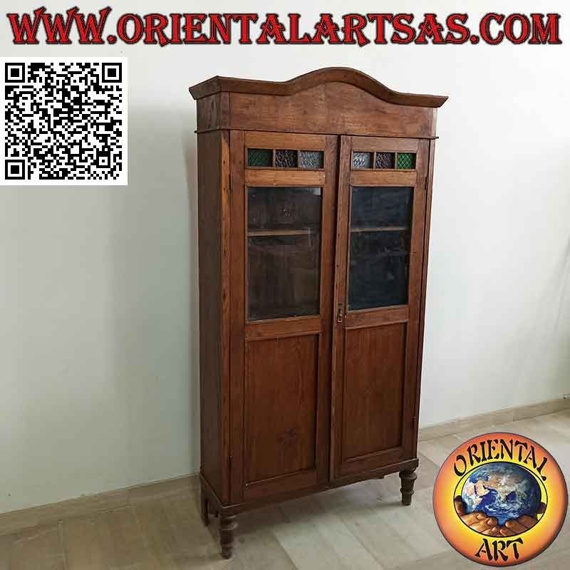 Vetrina antica a due ante con vetri colorati in legno di teak